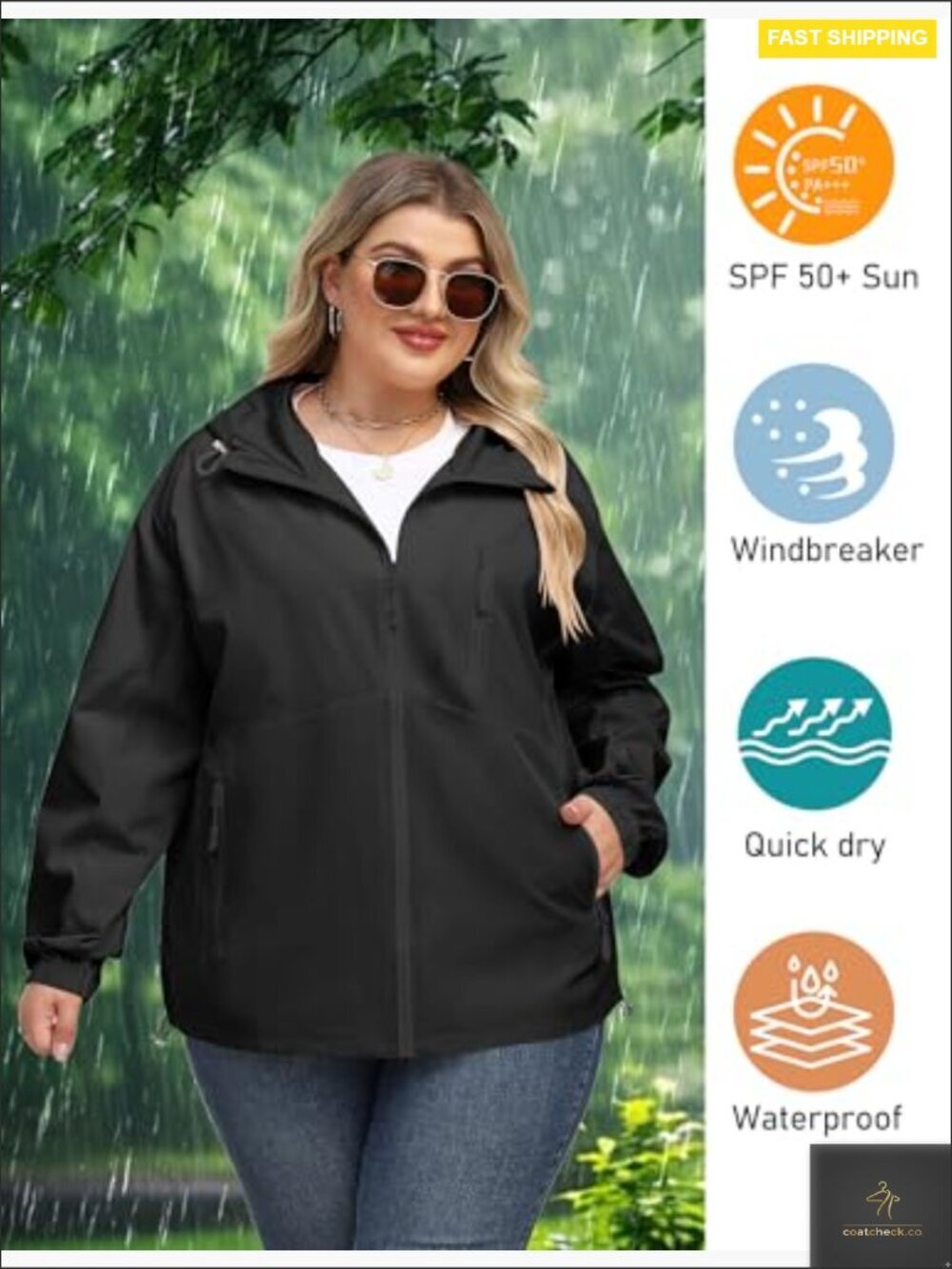 Plus Size Lightweight Rain Jacket Waterproof Hooded Packable Trench Coat Outdoor - Picture 5 of 7